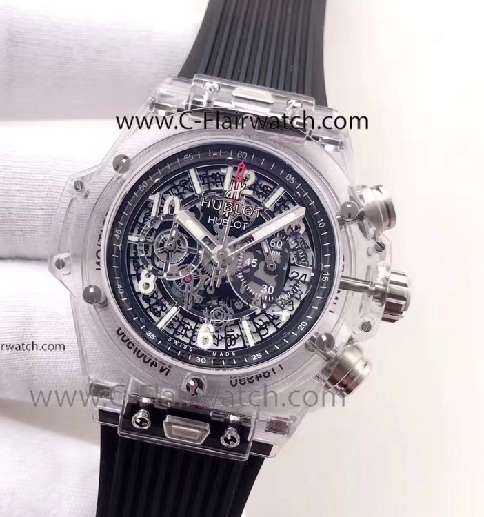 Fake Big Bang Hublot Clear Watch Skeleton Face Black Rubber Stra